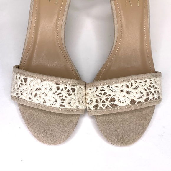 Nanette Lepore Ankle Strap Sandal ‘Beauty’ Heel Crochet Detail Faux Suede Tan 8 - Picture 7 of 14
